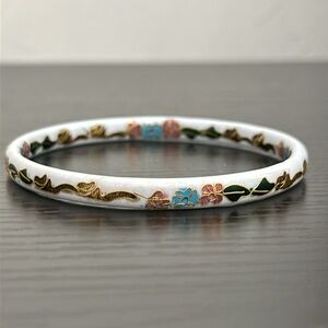 Cloisonné Bangle Bracelet White & Multi Color Floral Design Inside & Out